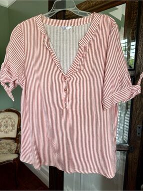 Women’s Kaktus Pink and White Striped Split-Neck Tunic size L